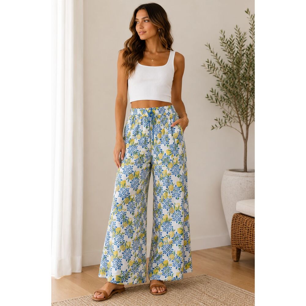 Hello Mello Lounge Pants Lemon Tile Print Wide Leg Pajama Pants L/XL NWT